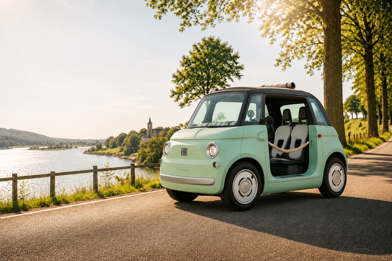 Fiat Topolino Dolce Vita aan het water bij zonsondergang in Noord-Limburg