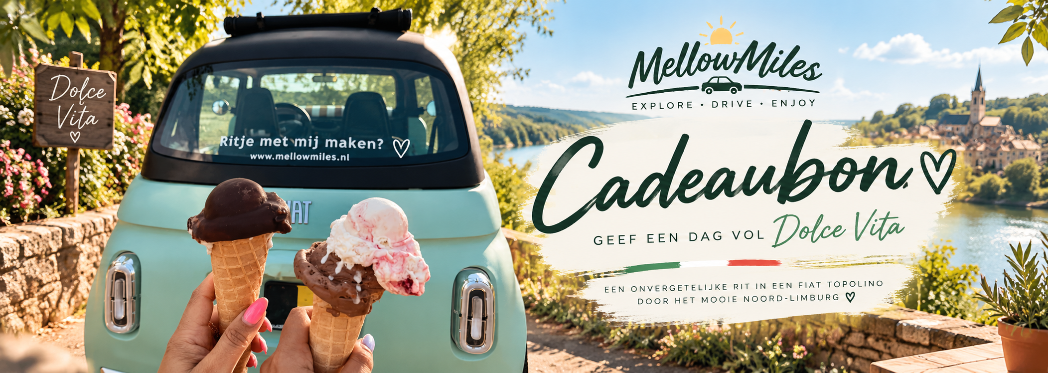 MellowMiles cadeaubon: geef een dag vol Dolce Vita, een rit in een Fiat Topolino door Noord-Limburg