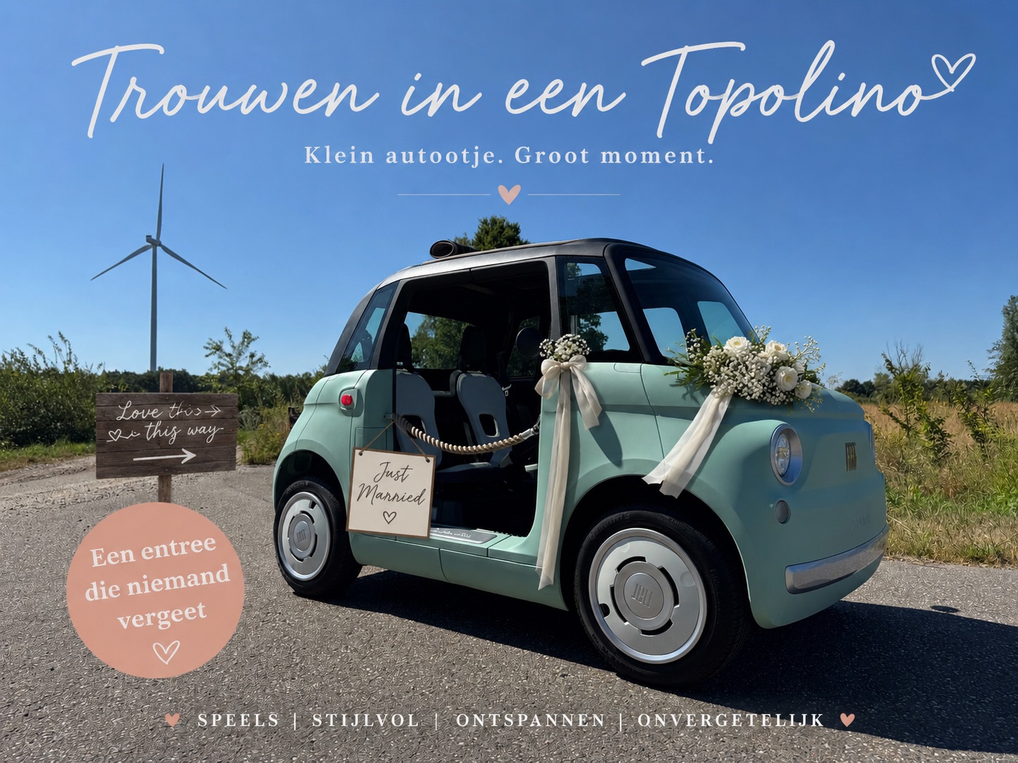 Trouwen in een Topolino: Fiat Topolino versierd met bloemen en een 'Just Married' bordje voor een onvergetelijke bruiloftsentree