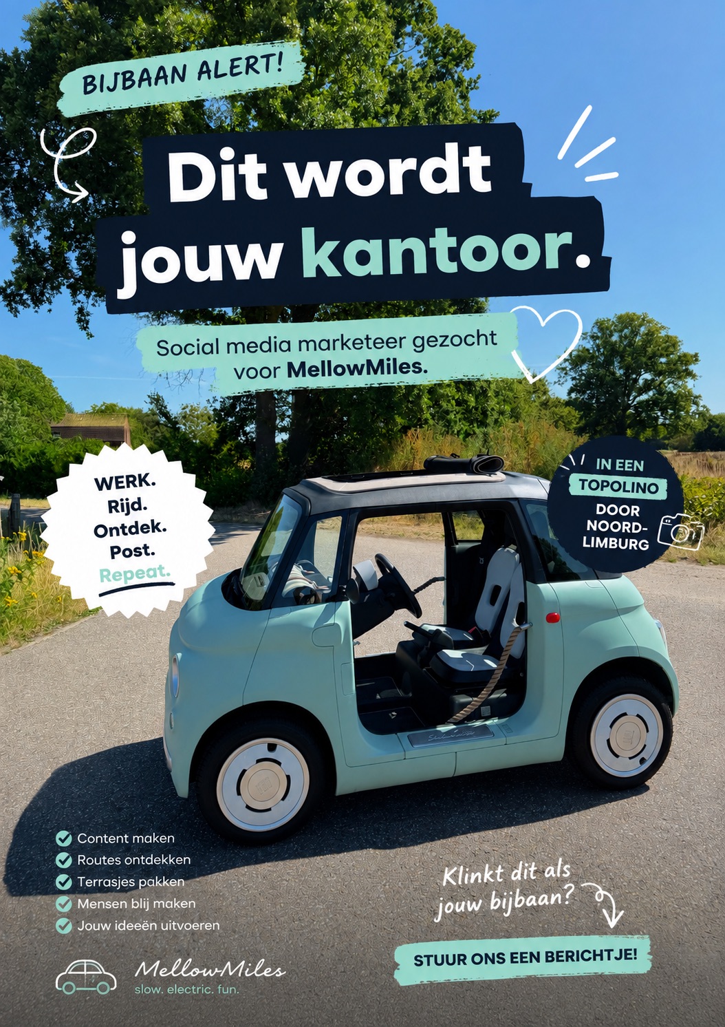 Bijbaan alert: dit wordt jouw kantoor. Social media marketeer gezocht voor MellowMiles, in een Topolino door Noord-Limburg