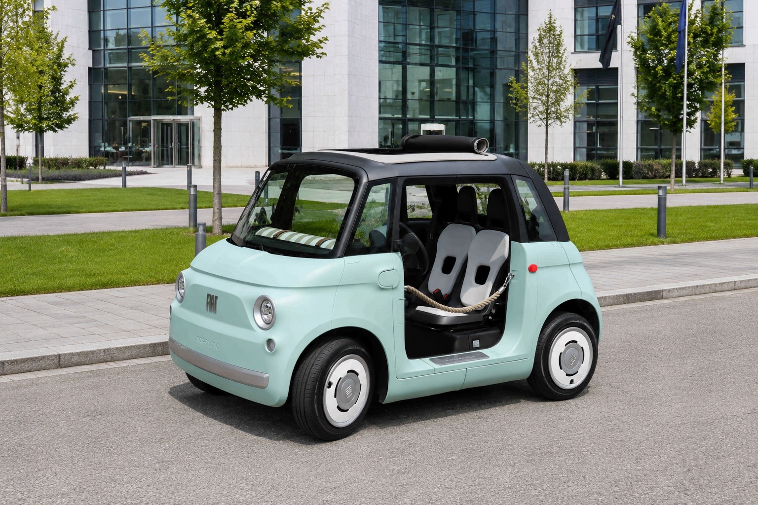 Fiat Topolino ingezet als promotionele blikvanger bij een bedrijfsevenement